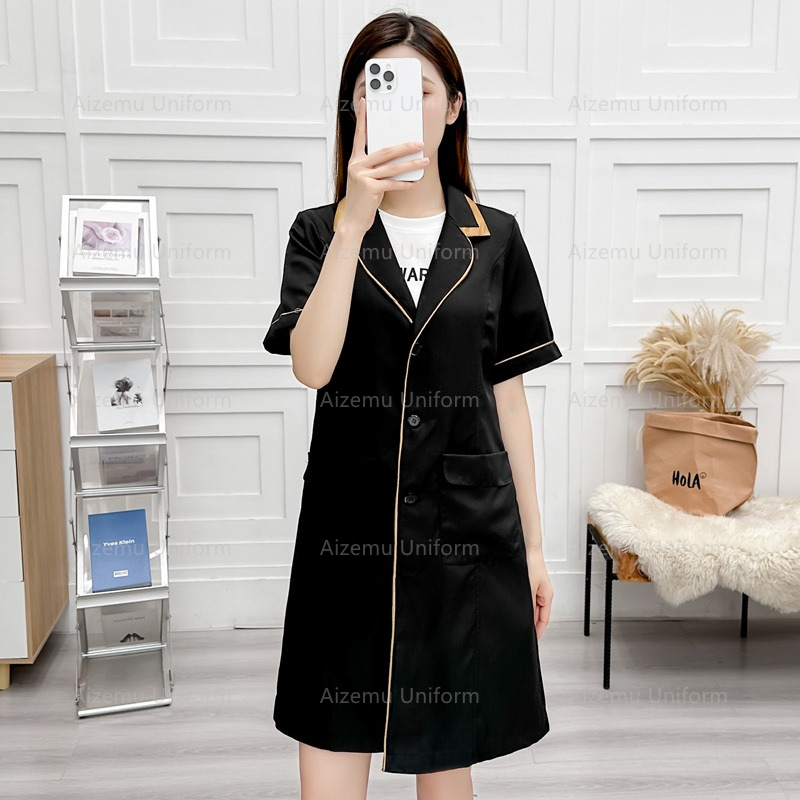 Lab Coat Medical - black beauty uniform with beautician robe